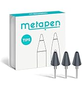 Text reads 'metapen TIPS'. Product packaging shows three gray conical replacement tips displayed against white background with turquoise branding elements.