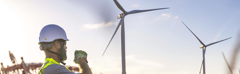 Windmill worker wearing Ergodyne safety helmet, gloves and hi-vis vest