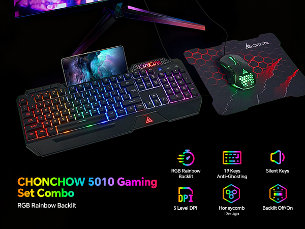 RGB Gaming Keyboard and Mouse Combo with Ergonomic Wrist Rest Phone Holder for PC Gamer Xbox PS4/5