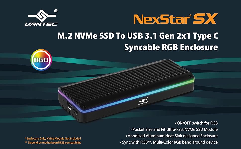 RGB LED enclosure, M.2 NVMe, USB 3.1 Gen2x1, USB C, Pocket Size, Aluminum, toolless mount, UASP