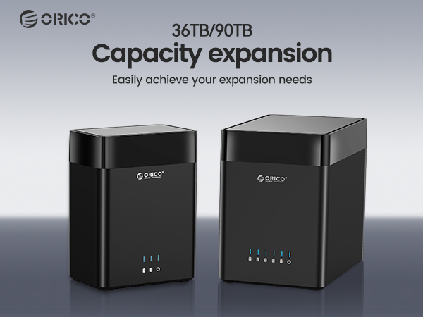 ORICO storage expansion devices. Two black cube-shaped units with capacity options of 36TB/90TB. Text highlights easy expansion capabilities.