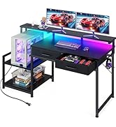 ODK Gaming Desk with Led Lights &amp; Power Outlet, 48 Inch Computer Desk with Drawers, Office Desk w...