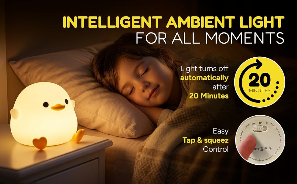 Duck-shaped night light with 20-minute timer and easy tap control beside a sleeping child.