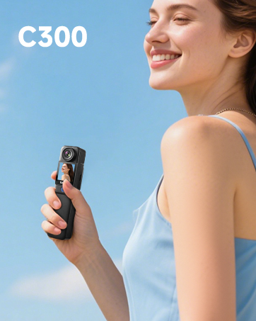 Text reads 'C300'. Product shown against light blue background with wireless headphones visible.