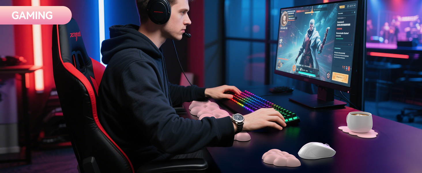 Gamer using a colorful RGB keyboard and gaming mouse at a desk with a monitor displaying a character selection screen. Gaming chair and cup visible.