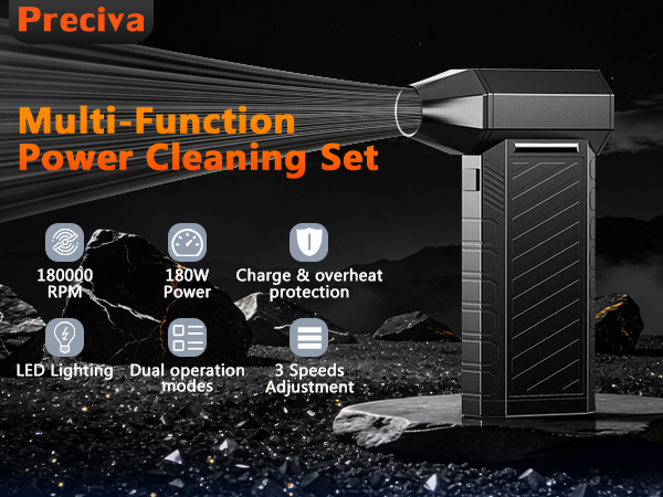 Text reads 'Preciva', 'Multi-Function', 'Power Cleaning Set'. Product images showing various cleaning attachments and tools with LED lighting features.