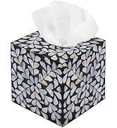 PEMAR Decorative Tissue Box Cover, 5.5” Cube Wooden Tissue Holder with Mother of Pearl Inlay, Far...