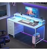 DUMOS 47 Inch Computer Desk with 4 Drawers,4 Drawer Gaming Desk with Power Outlets and LED Lights...