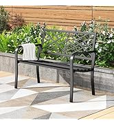 PHI VILLA 43 Inch Cast Iron Steel Frame Outdoor Garden Bench, Patio Furniture Chair Bench w/Line ...