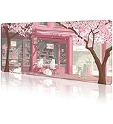 LIMKRIAN Cat Mouse Pad Large Desk Mat, Pink Cherry Blossom Computer Mousepad with Stitched Edges ...