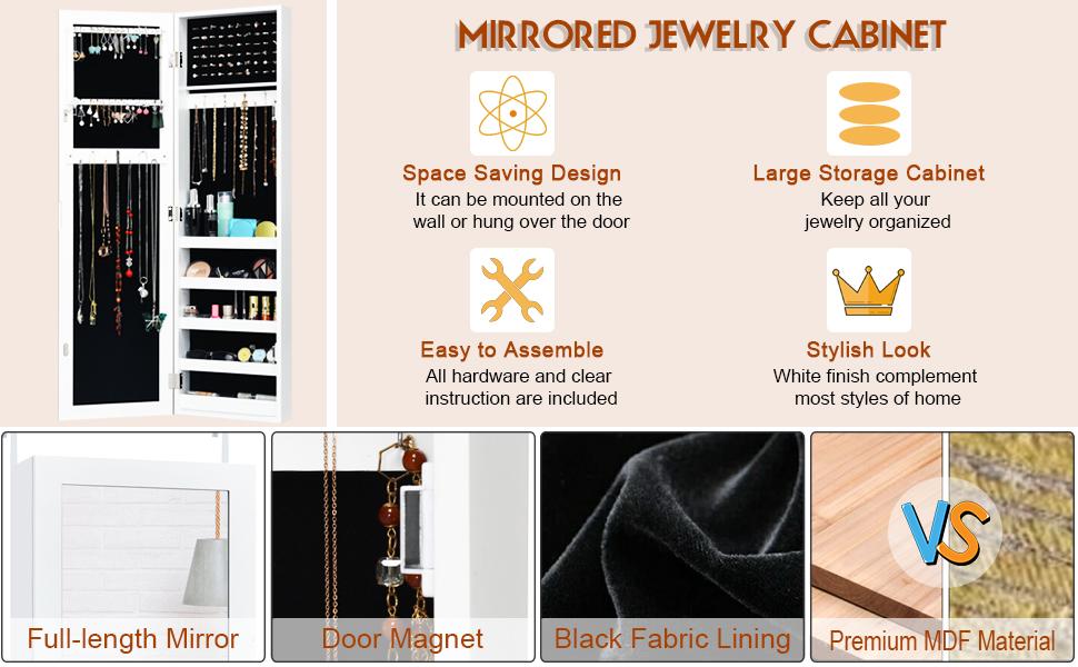 Full Length Mirrored Organizer 5 Storage Shelves Jewelry Cabinets