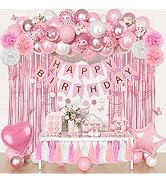 Pink Birthday Party Decorations, Pink and White Pearl Confetti Foil Balloons Happy Birthday Banne...