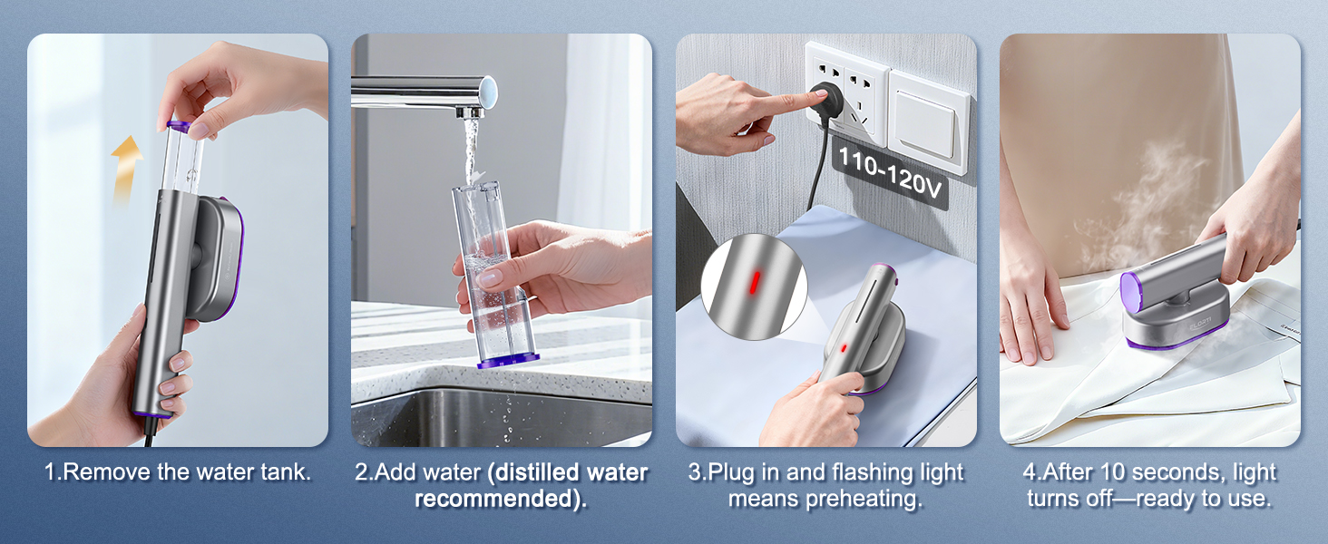 1.Remove the water tank; 2.Add water; 3.Plug in and flashing light; 4.Light turns off-ready to use.