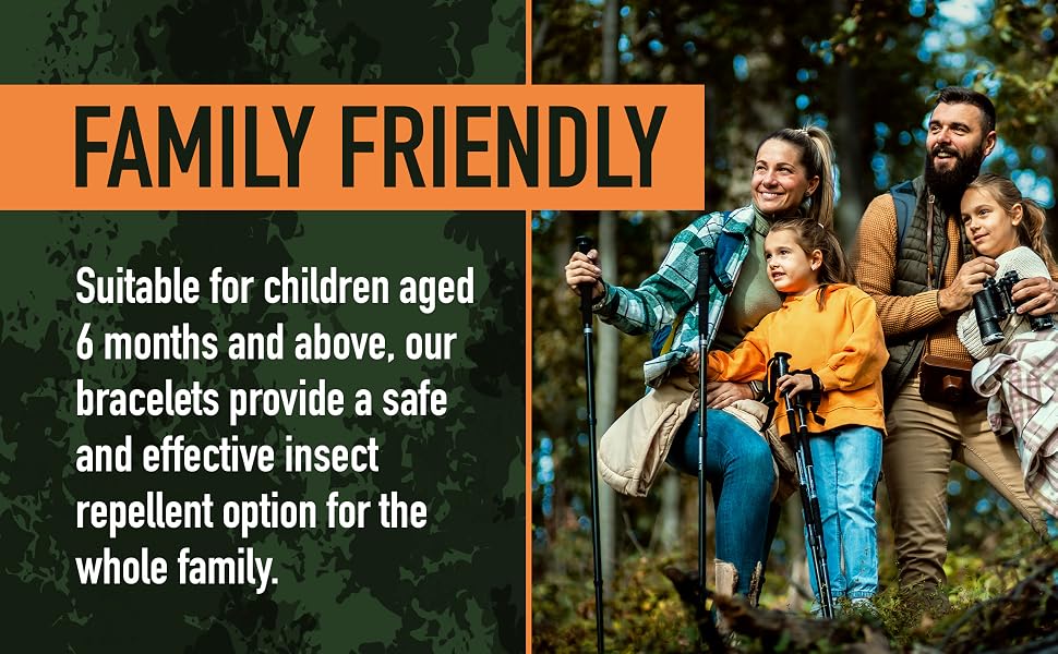 Marketing image for insect repellent bracelets, featuring text about family-friendly use for children 6 months and above in outdoor setting.