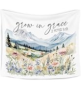 WARDOS Wildflower Christian Tapestry, Grow in Grace Bible Verse Tapestry Wall Hanging, Mountain S...