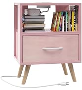 Aenuert Night Stand with Charging Station, Pink Kids Nightstand with Drawer, 2-Tier Nursery Bedsi...