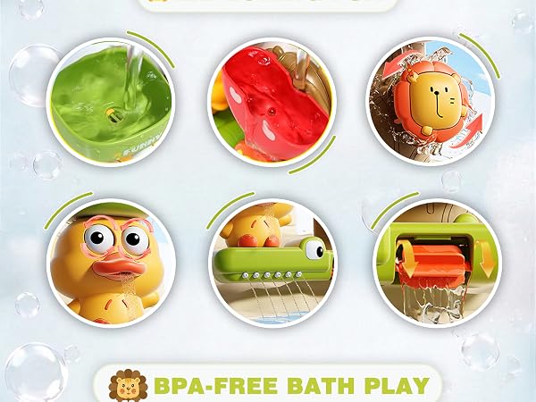 Wiggly eyes, spinning lion, and spraying crocodile for engaging toddler bathtub water play