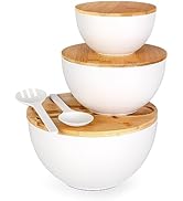 ShineMe Salad Serving Bowls with Lid and Utensils, 10" Bamboo Fiber Large Salad Bowl Set of 3, Ki...