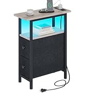 TRIFEBLE End Table with Charging Station, Narrow Side Table with 2 Fabric Drawers, Skinny Nightst...