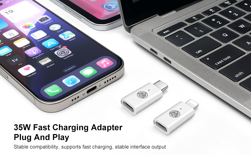 Text reads '35W Fast Charging Adapter Plug And Play'. Multiple views of white charging adapter connected to smartphone and laptop devices.
