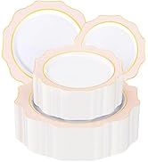 WDF 100PCS Pink Plastic Plates - Heavy Duty Pink and Gold Disposable Plates - Include 50 Dinner P...