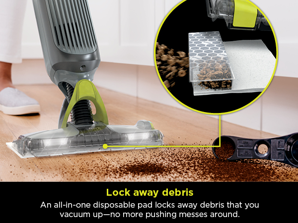 An all-in-one disposable pad locks away debris that you vacuum up— no more pushing messes around.