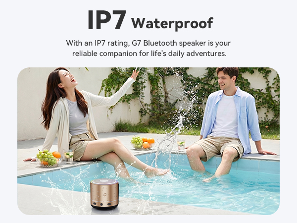 Text reads 'IP7 Waterproof' and 'With an IP7 rating, ZT Bluetooth speaker is your reliable companion for life's daily adventures.' Two people sitting by pool with portable speaker below.