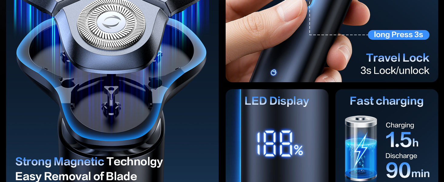 Electric Razor for Men, Men&amp;#39;s Electric Shaver, 3-Blade Rotary Shaving System, Touch Switch