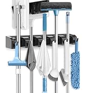 AceMining Broom Holder Wall Mounted, 5 Holders and 6 Hooks Mop Holder, ABS Plastic Brush Holder, ...