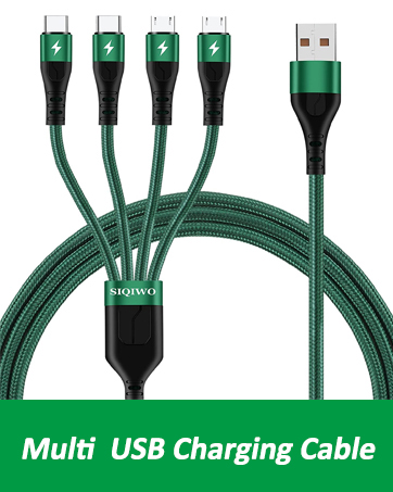 Multi USB charging cable with green braided cord. Features one USB-A connector and four USB-C connectors for simultaneous device charging.