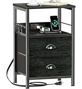 Furologee Nightstand with Charging Station, Black Night Stand with 2 Fabric Drawers, Side Table w...
