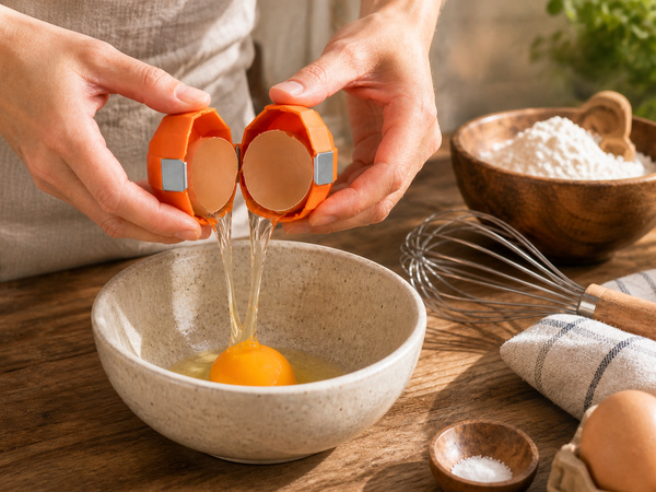 Egg cracker tool opens raw eggs cleanly into a bowl for baking.