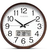 TIMESS Wall Clock, Classic Wood Style Finish, 13 Inch Non-Ticking Silent Battery Operated Quartz ...