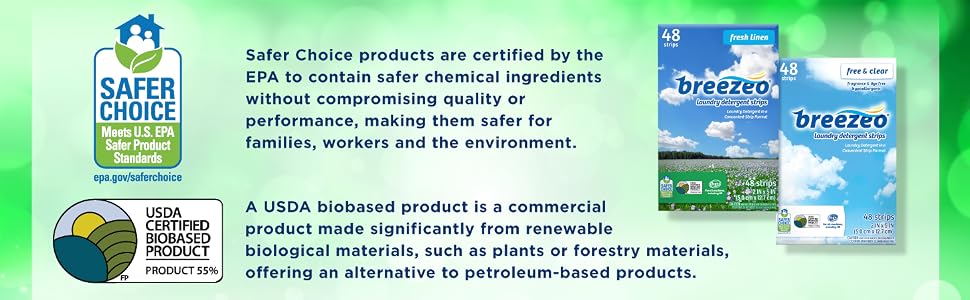 detergent strips safer choice laundry sheets eco green USDA biobased EPA clean fresh fragrance free