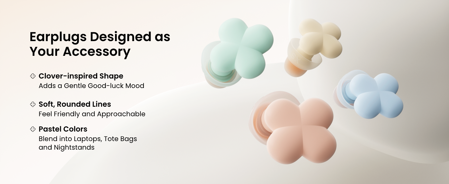 Text reads 'Earplugs Designed as Your Accessory'. Product showcase of stylized earplugs in metallic finishes against light background.