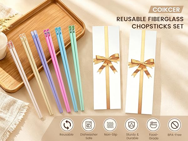 Coikcer fiberglass reusable chopsticks,6 colorful adult non-slip dishwasher safe food grade gift set