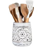 Mie Creations Farmhouse 7'' Large Utensil Holder for Kitchen Counter, Handcarved Wooden Utensils ...