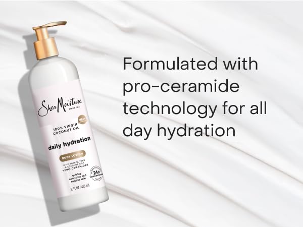SheaMoisture Body Lotion next to text about 24H hydration with the pro-ceramide formula.