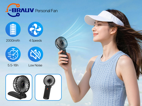 Text reads 'BRAUIV Personal Fan' with icons showing '2000mAh', '4 Speeds', '5.5-10h', 'Low Noise'. Woman wearing white visor holds black handheld personal fan with specs: 2000mAh battery, 4 speed settings, 5.5-10 hour runtime, low noise operation. Two fan styles shown below.
