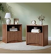 Evermagin Fluted Nightstand Set of 2, Walnut Bedside Table with Drawer and Storage, Wood End Tabl...