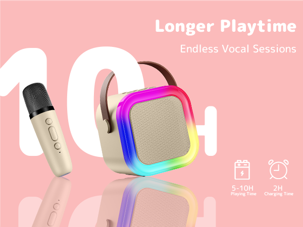 Text reads 'Longer Playtime' with product advertisement showing gold-colored microphone and colorful square speaker against pink background.