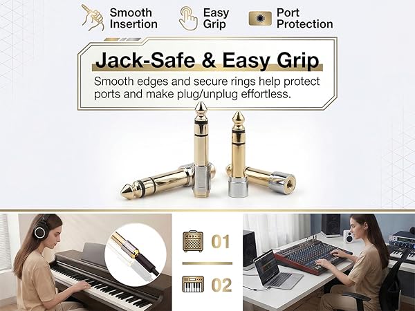 1/4 to 1/8 inch headphone adapter easy grip port protection for pianos.