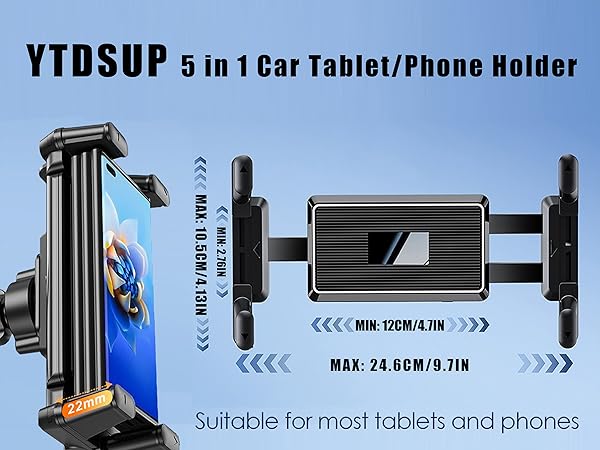 5 in 1 Car Phone Holder, Dashboard Windshield Phone Mount with Strong Suction Cup &amp; Large Clamp