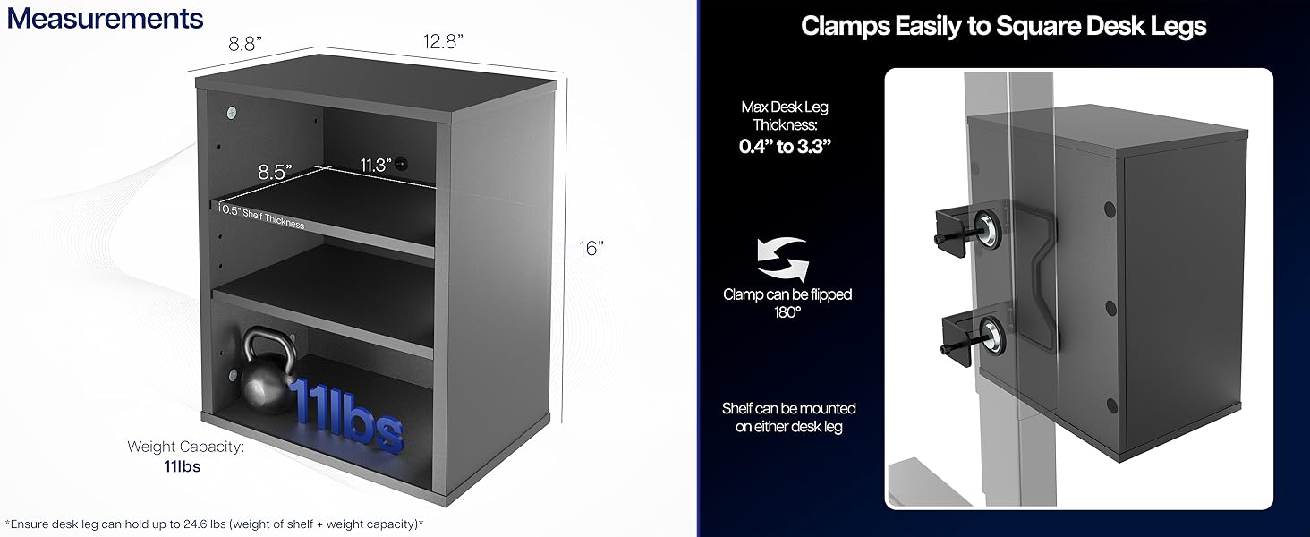 clamp on desk shelf under desk storage leg mounted shelf height adjustable desk organizer black
