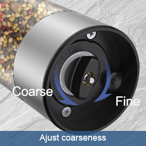 Bottom view of electric grinder showing adjustable coarseness dial from fine to coarse