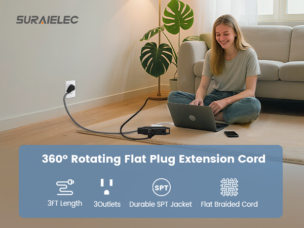 360° Rotating Flat Plug Extension Cord 10ft