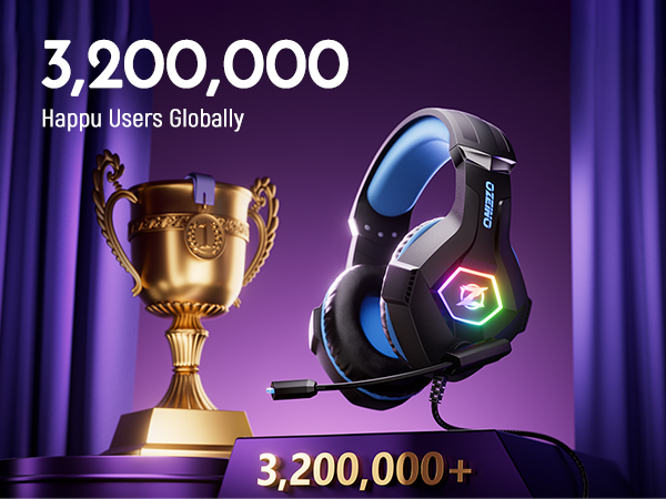 Gaming headset with RGB lighting and blue ear cushions displayed next to golden trophy, showing '3,200,000 Happy Users Globally' achievement against purple background.