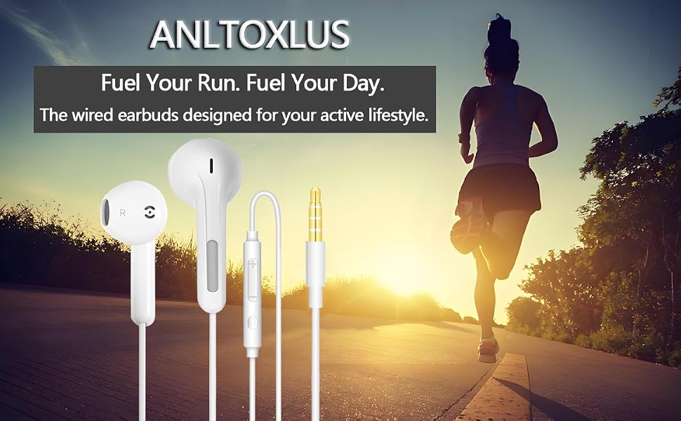 Text reads 'ANLITOXLUS' and 'Fuel Your Run Feel Your Day. The wired earbuds designed for your active lifestyle.' Image shows silhouetted runner against sunset with white earbuds displayed.