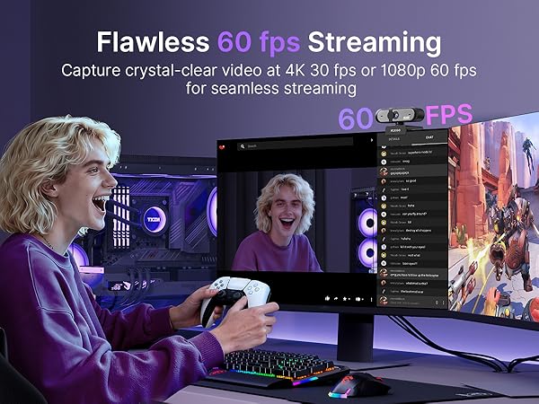 A gaming streamer uses this 60FPS webcam for smooth, stable streaming.