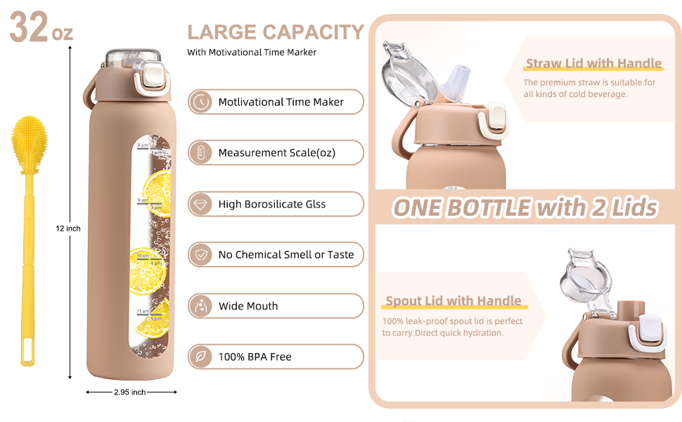 32 oz Glass Water Bottles - 1 Liter Motivational Tumbler Water Bottle Time Marker Silicone Sleeve